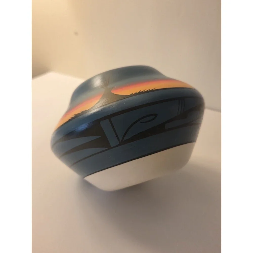 Navajo End Of The Trail Art Pottery Decorative Bowl, Hand-Painted Blue w Sunset.